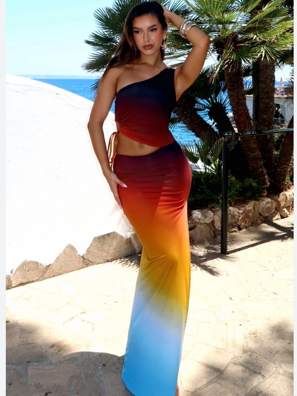 White Fox XS One Shoulder Desert  Ombre Maxi Skirt dress Sunset Gradient love